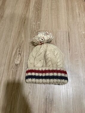 Kids Cream Pom Pom Cable Knit Beanie with Red & Navy Stripes